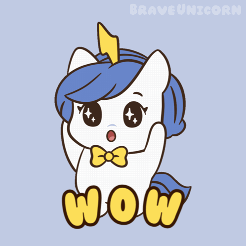 A unicorn-themed cartoon character holds a bold yellow “WOW” sign.