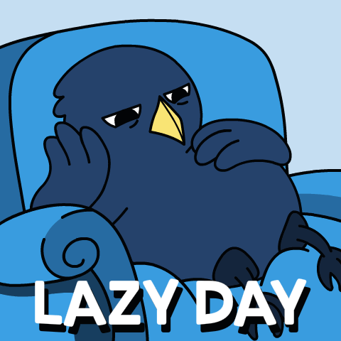 A dark blue cartoon bird rests on a pillow with “LAZY DAY.”