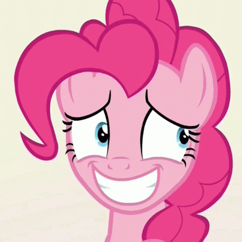 Pinkie Pie wears a strained, toothy smile with tearful eyes.