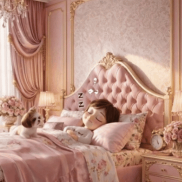 An ornate childlike illustration shows someone sleeping in a lavish pink bedroom.