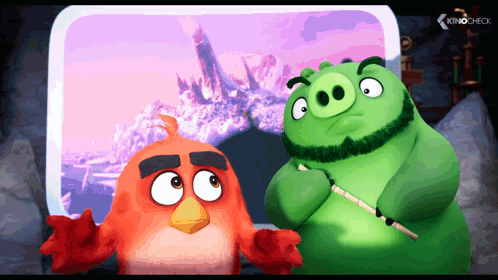 two angry birds are standing next to each other in front of a screen that says kinocheck on the bottom