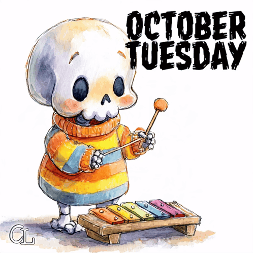 a drawing of a skeleton playing a xylophone with october tuesday written on it