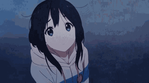 An anime schoolgirl looks back with tears in her eyes against a rainy blue background.