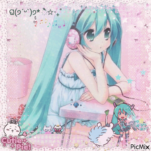 a picture of a girl with headphones and the words cutie pie on the bottom right