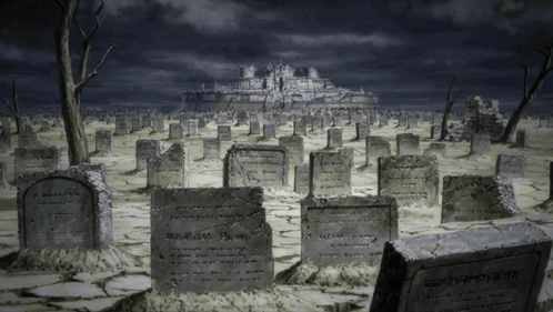 a cemetery with a castle in the background and a few graves that say ' william '