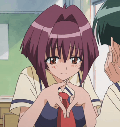 A blushing anime schoolgirl clasps her hands nervously at her chest.