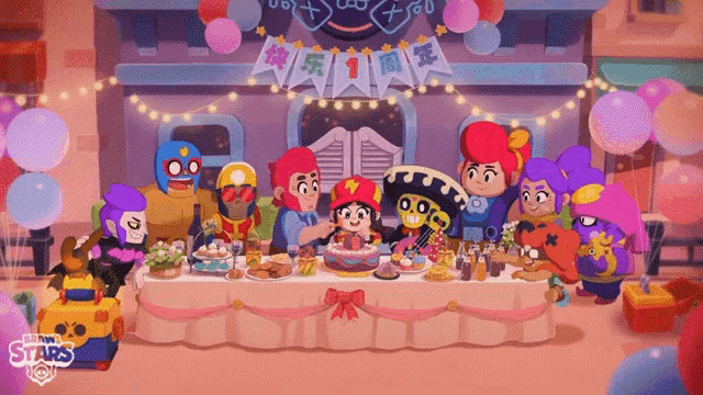 a group of cartoon characters are gathered around a table with a birthday cake