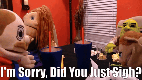 shrek says i 'm sorry did you just sigh while sitting at a table with stuffed animals