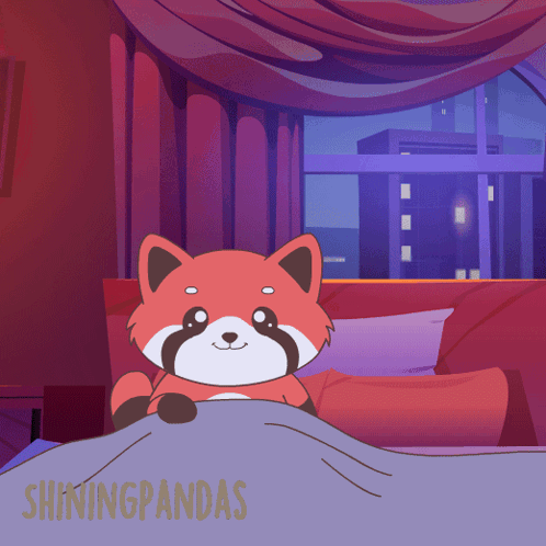 A red panda is tucked into bed in a purple bedroom at night.