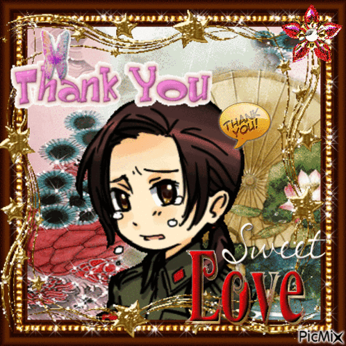 a picture of a girl with a speech bubble that says thank you and sweet love