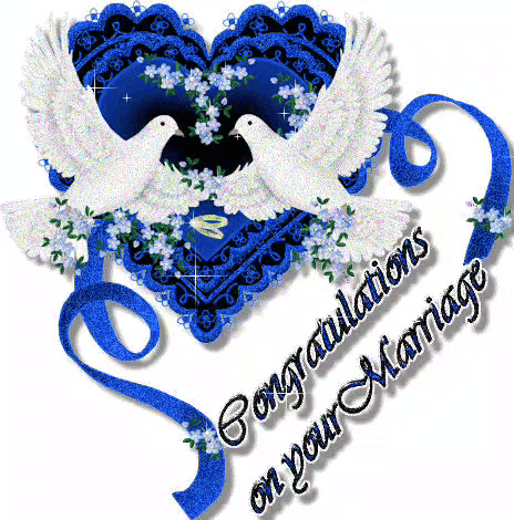 Two white doves and blue heart ornamentation frame “Congratulations Happy Married Life.”