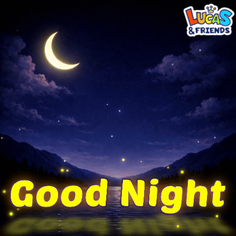 A crescent moon hangs over a dark landscape with large “Good Night” text.