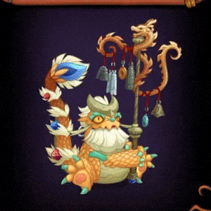 a cartoon drawing of a dragon with a beard holding a stick and bells