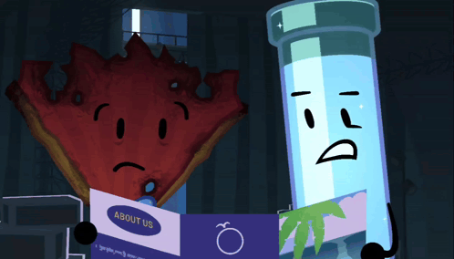 a cartoon character reading about us next to a glass character