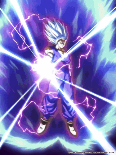 a drawing of a person with a purple background and a purple lightning bolt