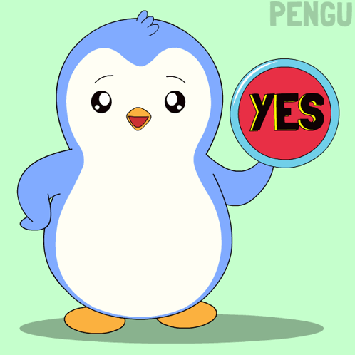 A blue penguin holds a red sign reading “YES.”