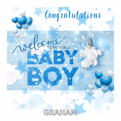Blue balloons and teddy bears surround “Congratulations, Welcome Baby Boy.”