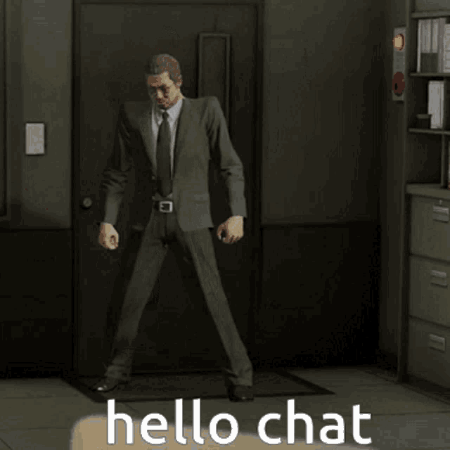 two men in suits are dancing in a room with the words hello chat written on the bottom