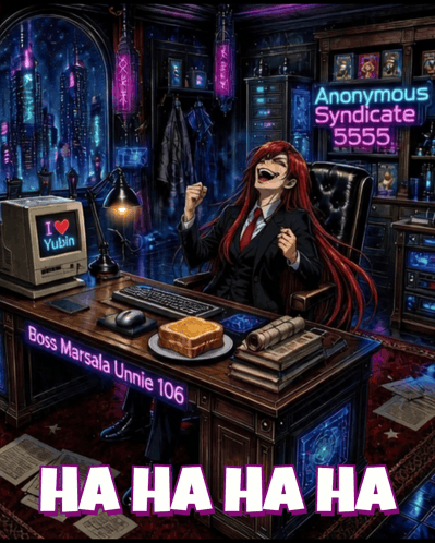 a poster for anonymous syndicate 5555 shows a woman sitting at a desk with a computer