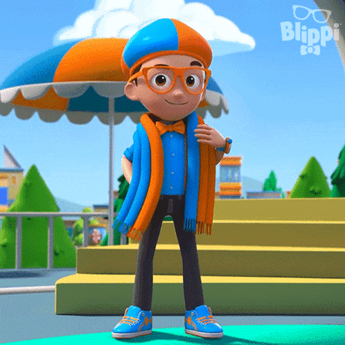 a cartoon character named blippi is wearing a scarf and a hat