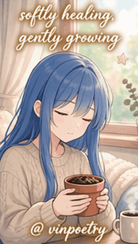 a girl with blue hair is holding a cup of coffee and the words softly healing gently growing are above her