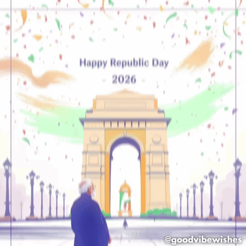 a poster for happy republic day 2026 with a man in front of the india gate