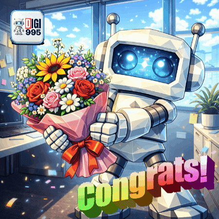 an illustration of a robot holding a bouquet of flowers and the words congrats on the bottom