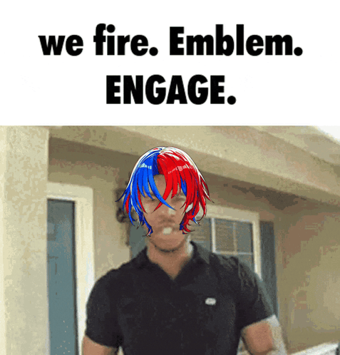 a man with red and blue hair is standing in front of a building with the words " we fire emblem engage " above him