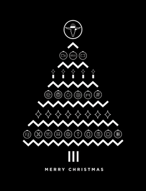 a merry christmas card with a christmas tree made up of icons