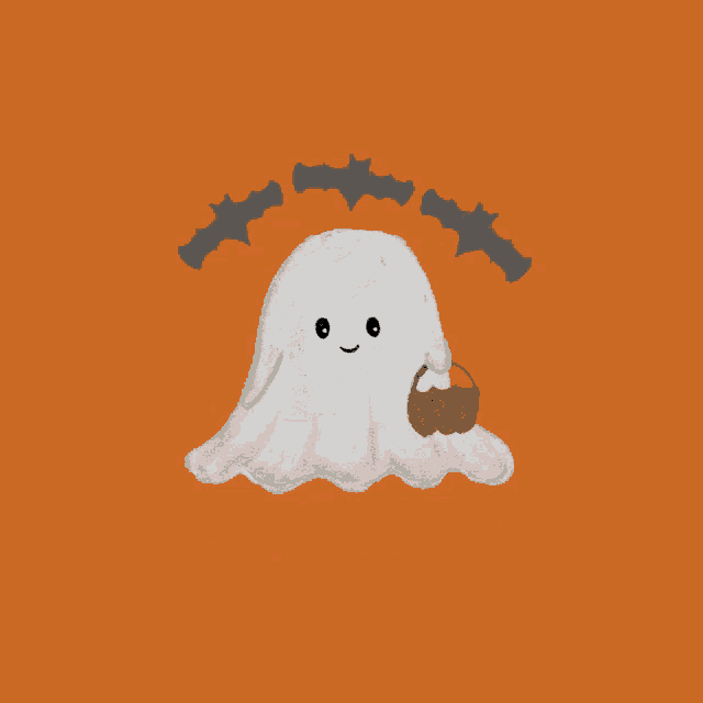 an illustration of a ghost holding a pumpkin with the words only treats this october written below it