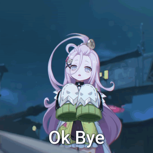 a girl with purple hair is holding a pair of ghost shoes with the words ok bye below her