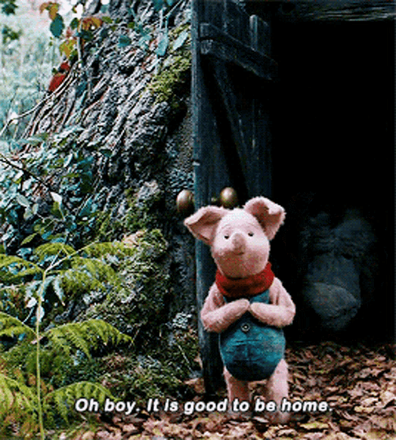 a stuffed pig standing in front of a door that says " oh boy it is good to be home "