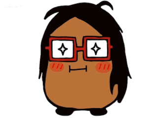 A blushing cartoon girl with oversized glasses smiles on white.