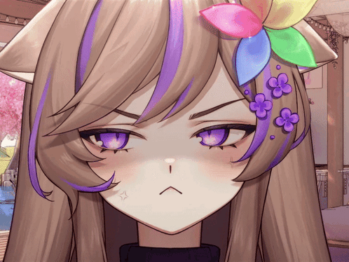 a close up of a girl 's face with purple eyes and flowers in her hair