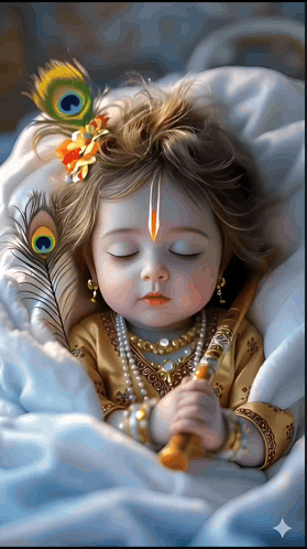 A serene childlike Krishna image with peacock feathers and a “Good Morning” greeting.