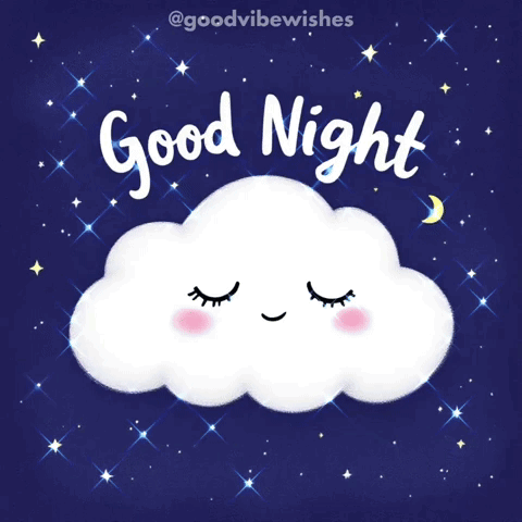 A sleepy white cloud with closed eyes floats under “Good Night” amid stars.