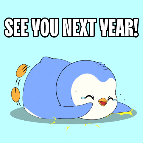 a penguin is laying down with the words see you next year