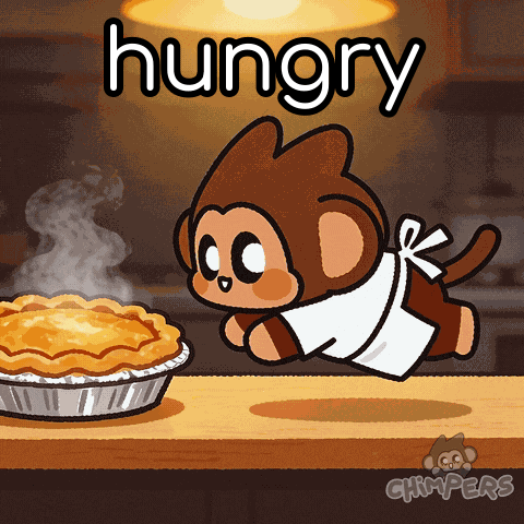 a cartoon of a monkey running towards a pie with the word hungry above it