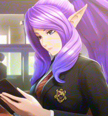 Janna with purple hair and elf ears reads a book in a school uniform.
