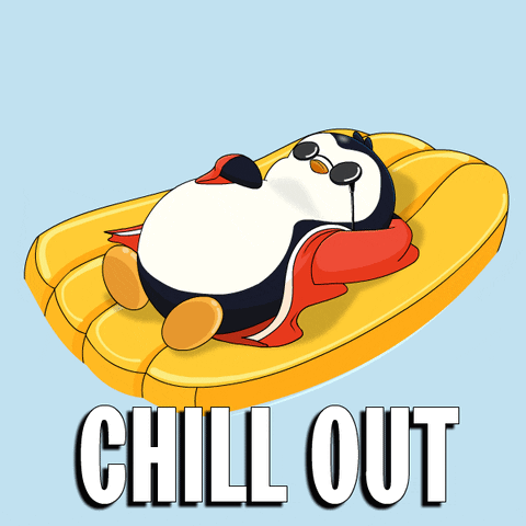 A penguin sleeps on a yellow float with the large caption “CHILL OUT.”