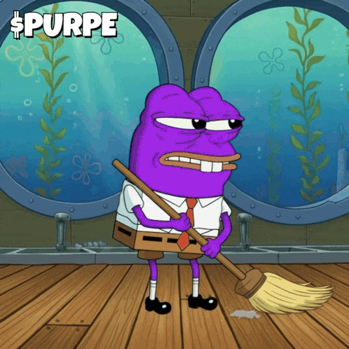 a purple cartoon character is holding a broom and the word spurpe is on the bottom