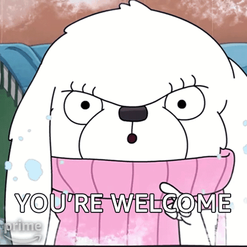 a cartoon dog wearing a pink sweater with the words you 're welcome below it