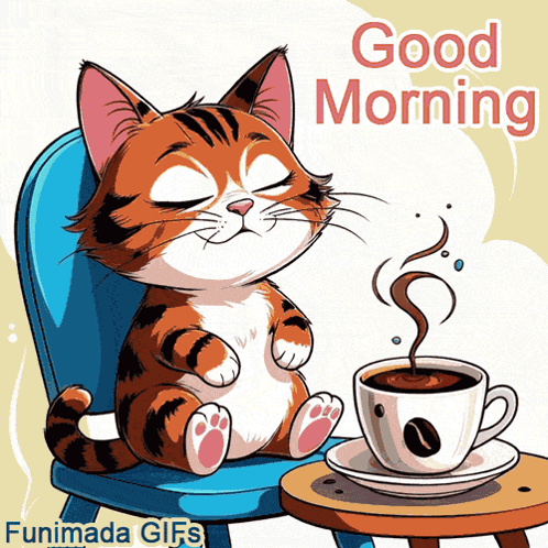A smiling orange cat holds a steaming coffee cup beside “Good Morning.”