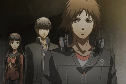 a group of anime characters are standing next to each other with one wearing a jacket with the letter y on it