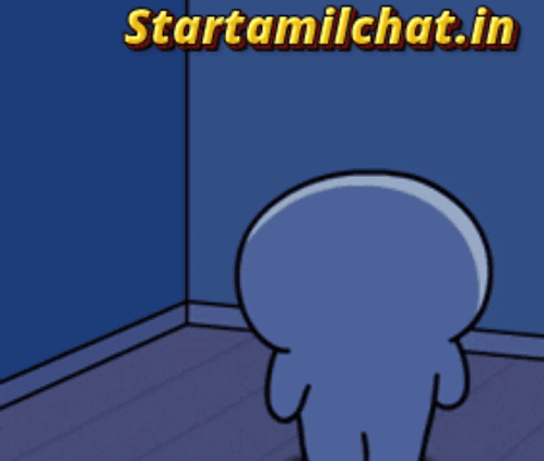 A blue cartoon character stands facing an empty corner of a room.