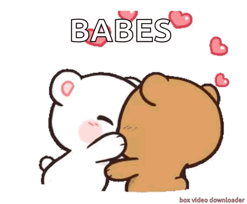 Two cartoon bears kiss amid small hearts with “BABES” above.