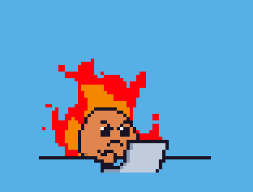 A pixel-art potato character angrily types at a computer while flames rise behind it.