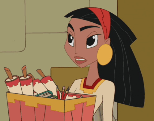 a cartoon of a woman holding a box full of rolls of paper