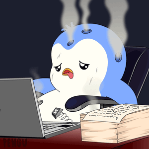 A sweating cartoon penguin slumps over papers at a laptop, exhausted from work.