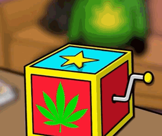 a cartoon drawing of a toy box with a marijuana leaf and a star on it .